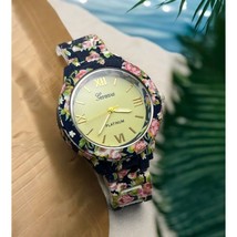 Geneva Platinum Floral Pattern Watch Stainless Steel Blue with Pink Rose... - £11.99 GBP