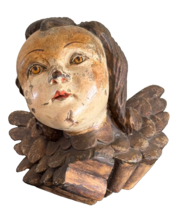Antique 19th Century Hand Wood Carved Polychrome Angel Cherub Head - $593.01