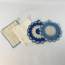 Vintage 4 Hand Crocheted Blue &amp; White Round &amp; Square Potholders Double Layer - £9.47 GBP