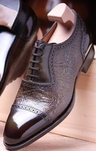 Handmade Men&#39;s Dark Brown Leather Lace Up Chisel Cap Toe Oxford Dress Shoes - $128.69+