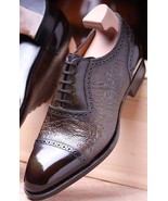 Handmade Men&#39;s Dark Brown Leather Lace Up Chisel Cap Toe Oxford Dress Shoes - £101.67 GBP+