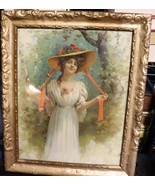 Vintage print in a gold wood frame. Print of fancy lady in a hat. - £23.23 GBP