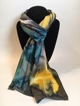 Hand Painted Silk Scarf Denim Blue Yellow Charcoal White Womens Rectangle New - £44.29 GBP