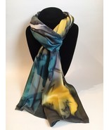 Hand Painted Silk Scarf Denim Blue Yellow Charcoal White Womens Rectangle New - $56.00