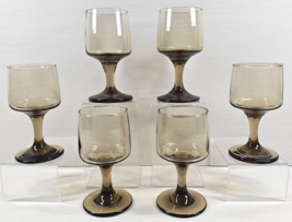 6 Libbey Tawny Accent Wine Glass Set Vintage Smoke Brown Retro Bar Stemware Lot - £42.10 GBP