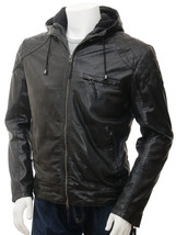 Men&#39;s Black Hooded Leather Jacket Aller - $1,677.59 MXN