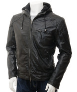 Men's Black Hooded Leather Jacket Aller - $90.00