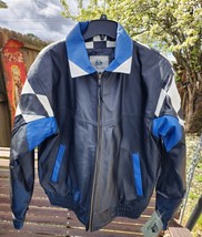 Burks Bay Men&#39;s XL Real Leather Jacket Checkered Flag Blue &amp; Black Racin... - £79.12 GBP