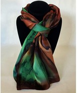 Hand Painted Silk Scarf Forest Green Redwood Brown Copper Black Rectangl... - $56.00