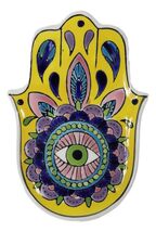 Yellow Chakra Hamsa Palm Mandala and Evil Eye Ceramic Dish Brass Incense... - $17.99