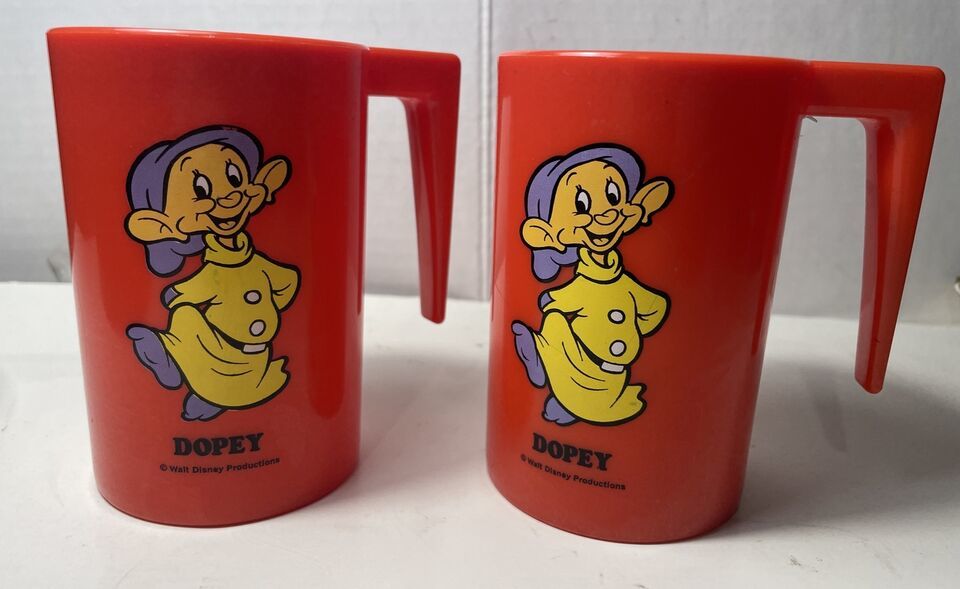Vintage Walt Disney Production Red Plastic Dopey Cup Mug Snow White Seven Dwarfs - $11.29