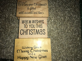 Merry Christmas Wood Rubber Stamps Warm Wishes, Happy New Years, Lot Qty 3 - £5.42 GBP