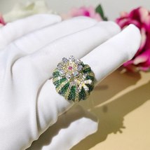 Blucome Ring Prickly Pear Design Green Flowers 900 Shiny Zircon For African Wome - £38.09 GBP