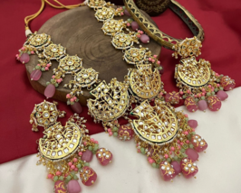 Gold Plated Bollywood Style Indian Peach Kundan Necklace Long Haram Jewelry Set - £111.40 GBP