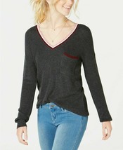 Hippie Rose Juniors Size L Gray Stripe Trimmed V Neck Long Sleeve Sweater NEW - $15.93