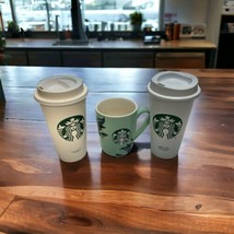 Starbucks Mint Green Floral Design With Mermaid &amp; 2 White Reusable Plastic Cup - £13.51 GBP