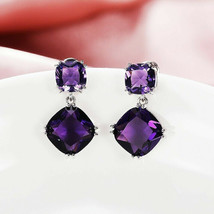 6Ct Cushion Simulated Amethyst Drop Dangle Earrings 14K White Gold Plated Silver - £108.35 GBP