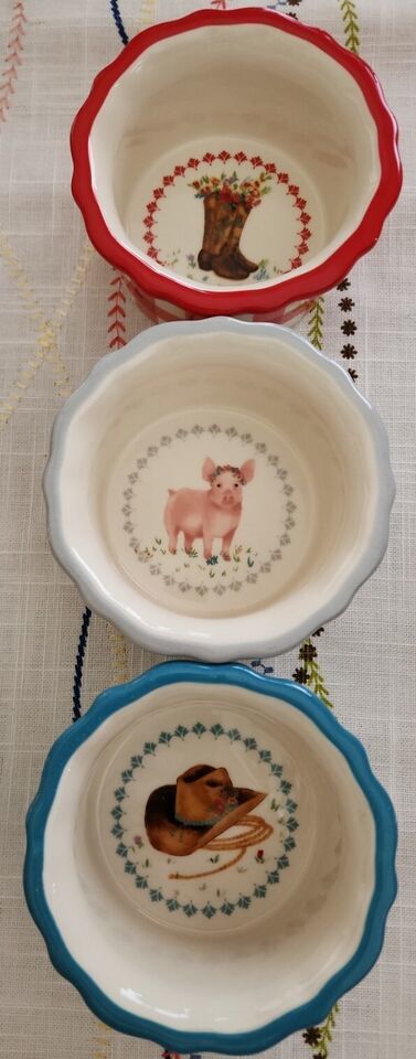 Pioneer Woman Set of Three (3) Gingham Farm Animal Ramekin Cups ~ Stonew... - $22.44