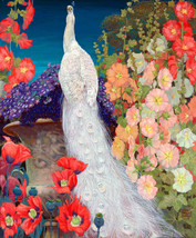 FRAMED CANVAS Art print giclee white peacock in red poppy pink hollyhock garden - £31.06 GBP+