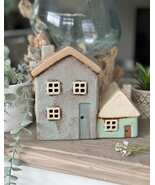 Cottage Pottery Grey/Aqua Two Tealight Houses - $852.21 MXN