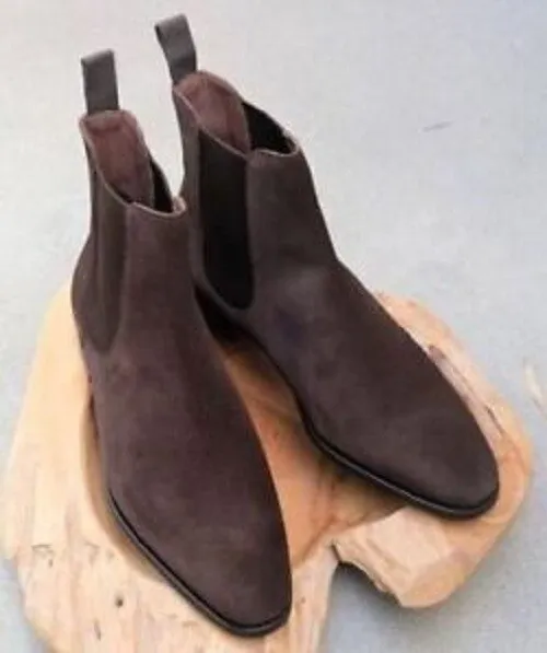 Handmade Men Brown Suede Chelsea Boot, Men Brown Ankle Dress Boot - $179.99