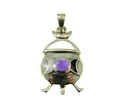 Solid 925 Sterling Silver Magickal Witch&#39;s Cauldron Pendant w/ Gemstone Choice - £39.92 GBP