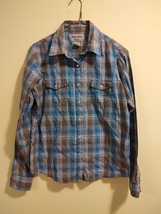 Women&#39;s Wrancher by Wrangler Button Up Western Shirt Snaps Blue Gold Size M - $16.83