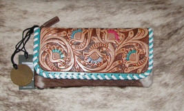 Myra Bag #5403 Hand Tooled Leather, Hairon 7.75&quot;x4&quot; Wallet~Card Slots~Snap~Zip - £37.60 GBP