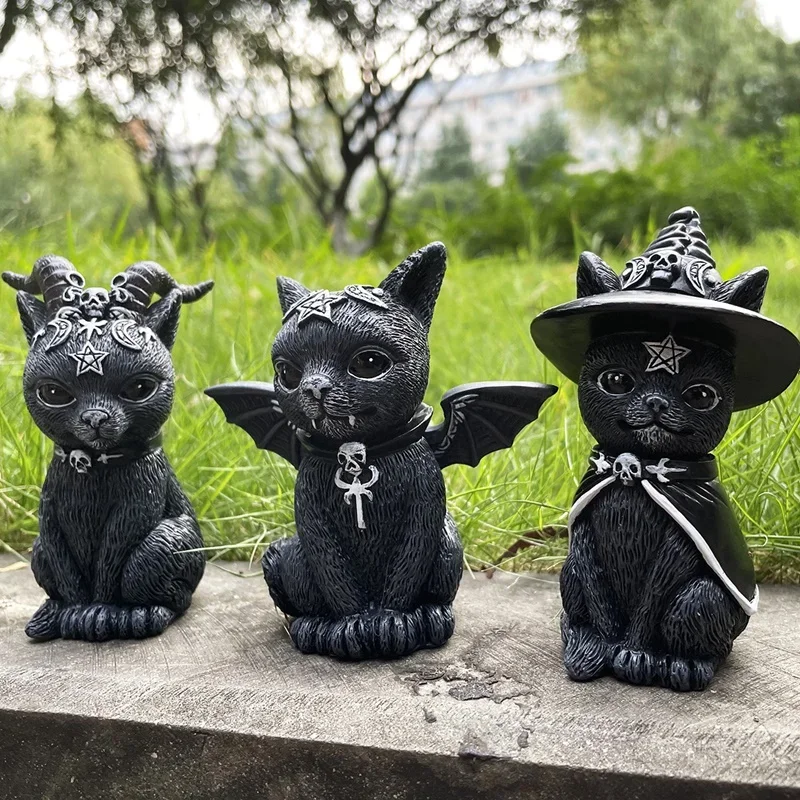 Garden Witch Cat Sculpture Gothic Kitten Decoration Halloween Magic Cat Statue - £16.61 GBP