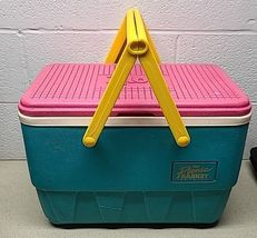 Vtg 90’s IGLOO The Picnic Basket Cooler Teal Pink Yellow Retro Ice Chest... - $48.89