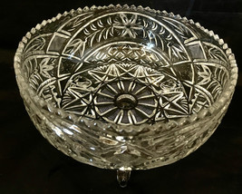 Crystal Bowl Thick Cut Glass 3-1/2&quot; High x 8-1/4&quot; D 3 Crystal Legs Heavy Weight - £27.65 GBP