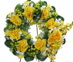 Wreath Yellow Silk Flowers Easel Mount grave-site Remembrance. - £74.24 GBP
