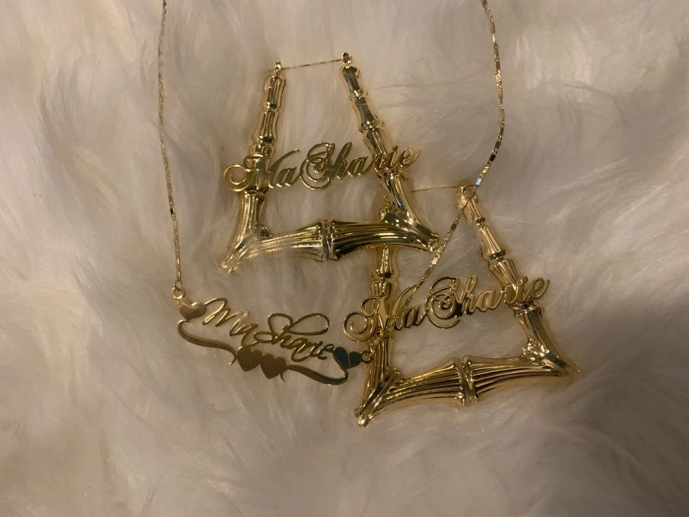 Name Earrings and Necklace set Triangle Bamboo Earrings Custom Hoop Bamboo Earri - £30.16 GBP