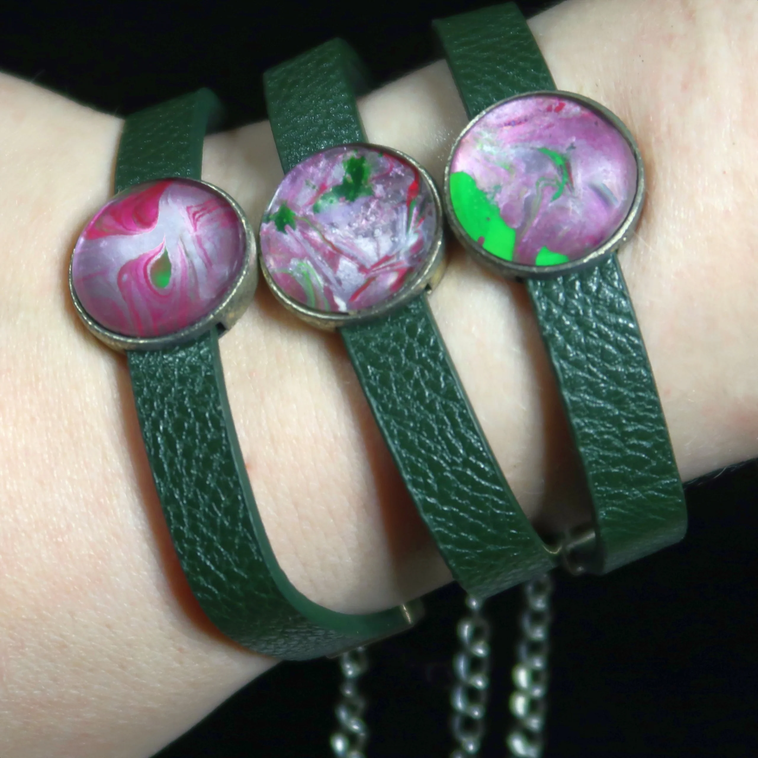 Dark Green Leather Cabochon Bracelet - $18.00