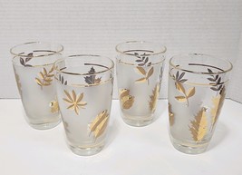 Set Of 4 Vtg MCM Libbey Frosted Gold Leaves &amp; Rim Tumbler 5.25&quot; Tall B - $25.00
