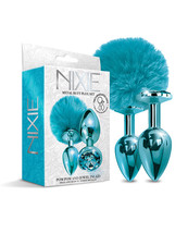 Nixie Metal Butt Plug Set W/jewel Inlaid &amp; Pom Pom - Blue Metallic - £23.92 GBP