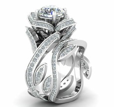 Round Cut 3.40Ct Diamond Lotus Bridal Wedding Ring Set 14K White Gold in Size 9 - £243.87 GBP