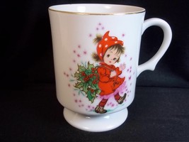 Lefton china hand painted footed coffee mug Holly Girl Christmas 6 oz 447P - $9.74