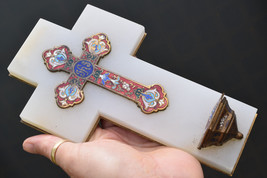 ⭐ antique French crucifix ,holy water font,bronze enamel on onyx⭐ - £87.26 GBP