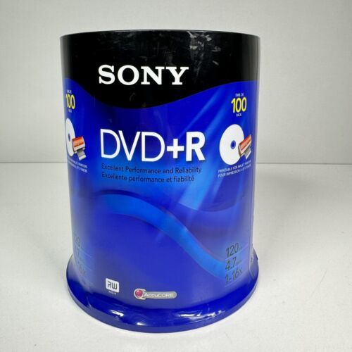 Sony DVD+R 4.7GB 120min 1-16X Recordable Inkjet Printable 100 Pack Spindle New - $28.70