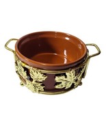 Vtg Teleflora Gold Leaf Pattern Brass Casserole Dish Holder With Ceramic... - £10.15 GBP