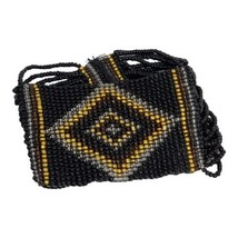 Vtg Wide Cuff Beaded Stretch Bracelet black Gold Tone Geometric mcm seed bead - £14.98 GBP