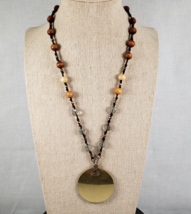 Vintage Bohemian Beaded Brass Wood Glass Pendant Necklace Signed XC 18” ... - €19,79 EUR