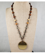 Vintage Bohemian Beaded Brass Wood Glass Pendant Necklace Signed XC 18” ... - €19,64 EUR