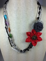 Handmade Multi-strand Red Gray Dahlia Rose Flower Colored Stone Necklace 23&quot; - £19.77 GBP