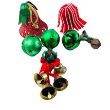 Vtg Christmas Decoration 7 pc Lot Ornament Brass Jingle Bell Green Red 1&quot;-4&quot; - £15.20 GBP