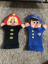 Vtg Lot 2 Russ Berrie Child Sz Hand Puppets Knitted Crocheted Police Fire figure - $24.70