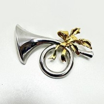 French Music Horn Christmas Holiday Jewelry Pin Brooch Silver Color Gold... - £6.25 GBP