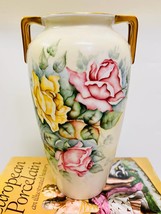 Vintage hand-painted roses Nippon Japan, unmarked double handle vase 10&quot; tall - £186.72 GBP