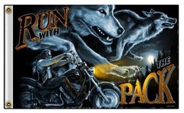 BIKER FLAG RUN WITH THE PACK WOLF MOTORCYCLE 3&#39;x5&#39; FLAG - £4.89 GBP
